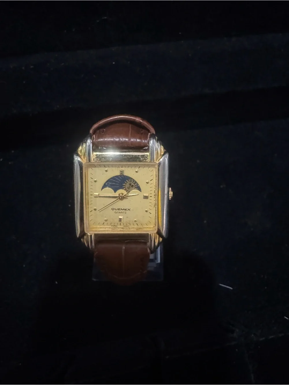Quemex Square Gold-Tone Sun & Moon Dial Leather Strap Watch